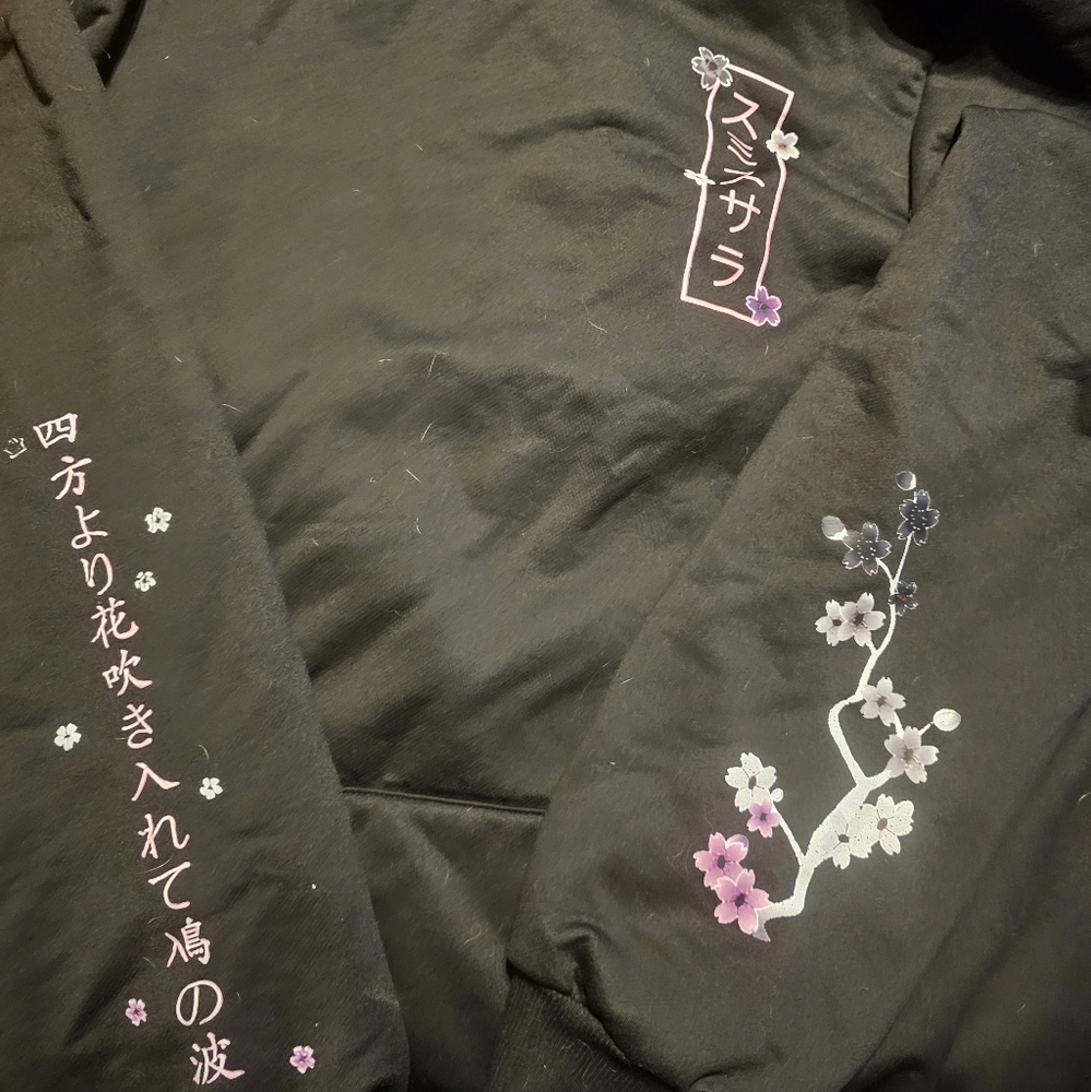 Black Hoodie with Cherry Blossoms and Japanese Text